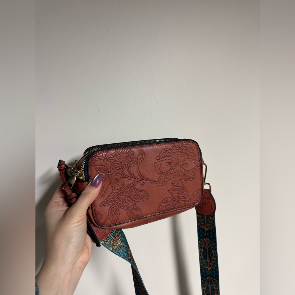 Floral Embossed Brown Crossbody Bag